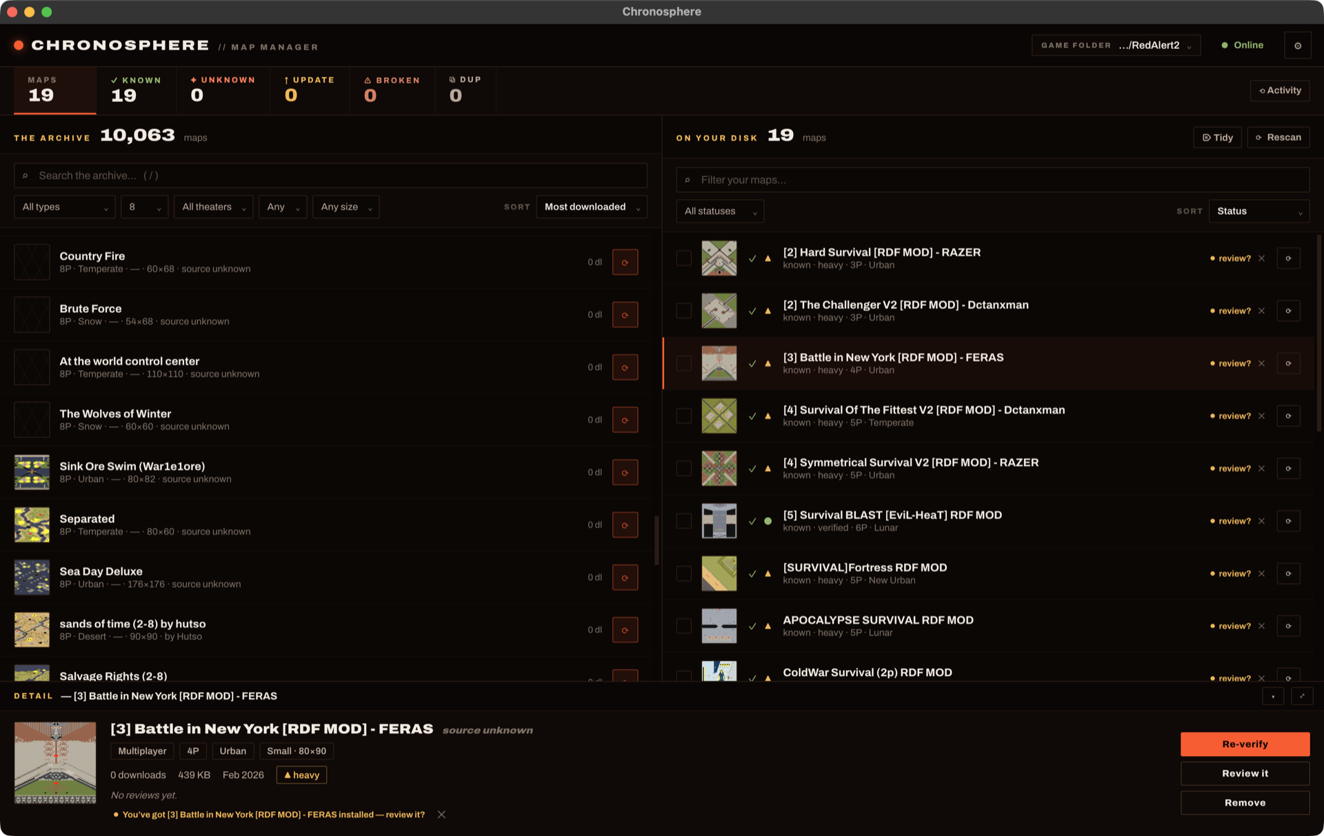 The Chronosphere desktop app: the archive on the left, your installed maps on the right, and a selected map's detail open below.